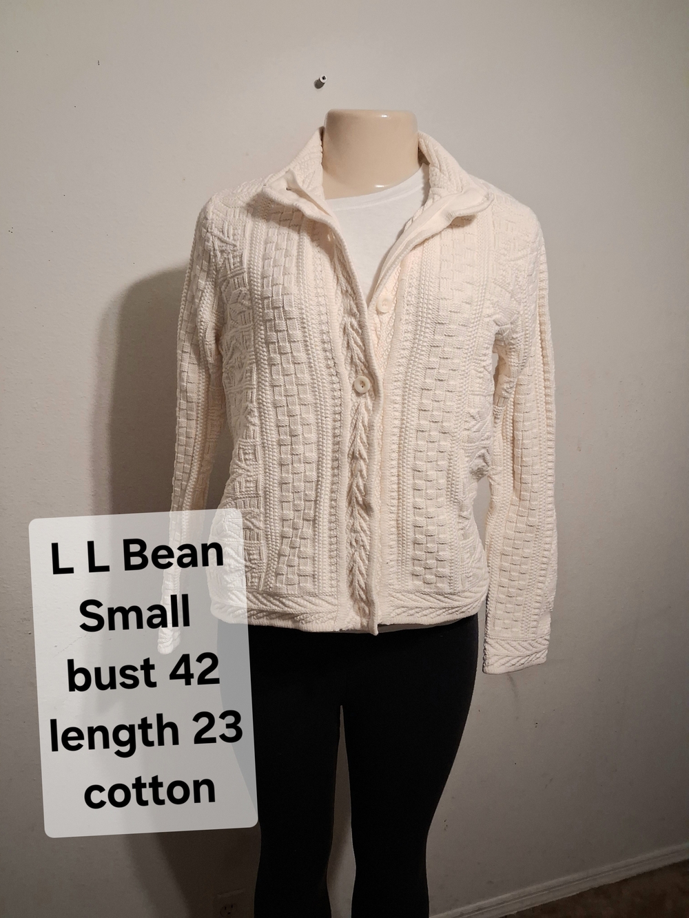 L.L. Bean Cream Cable-Knit Zip Cardigan
